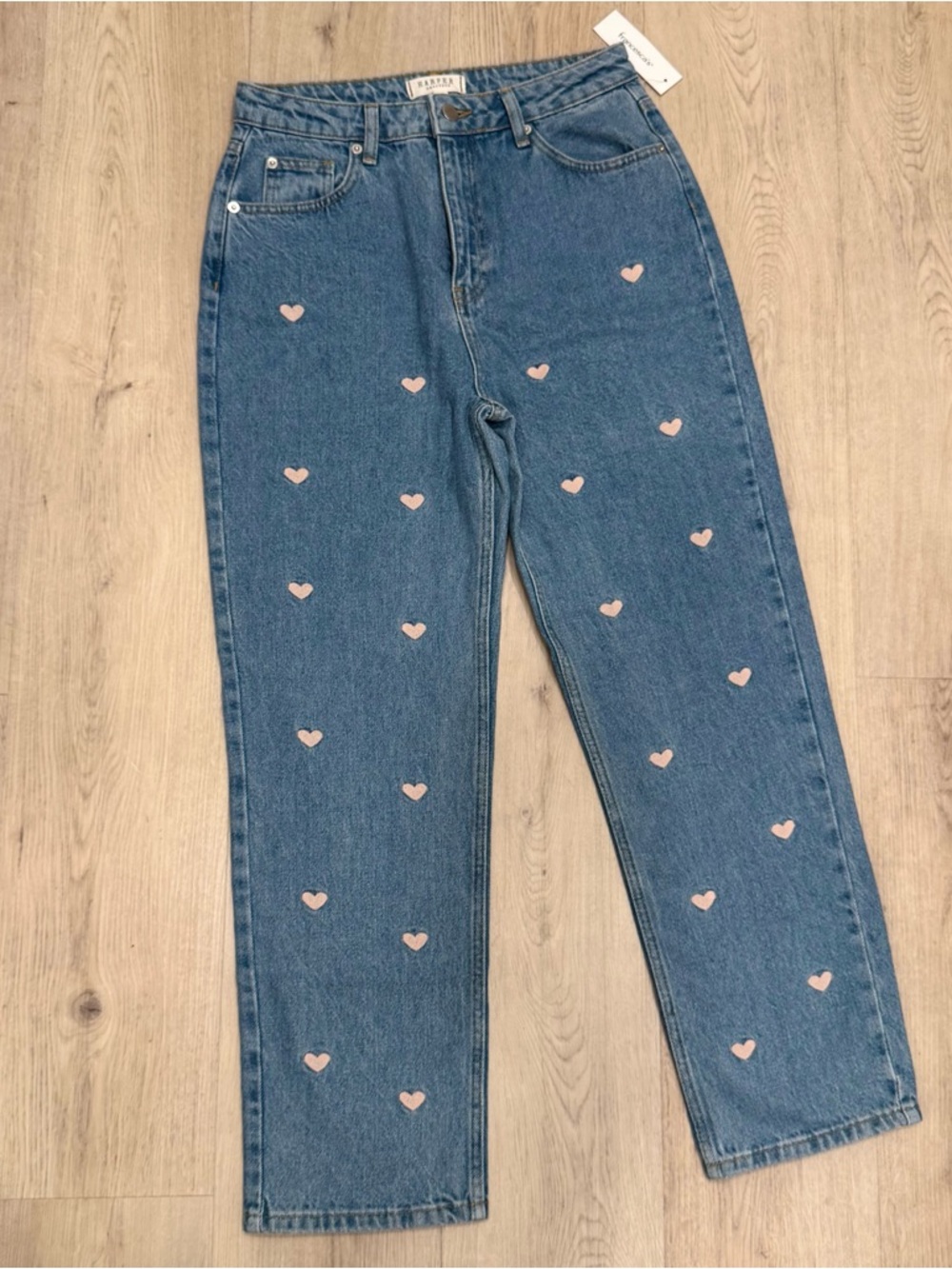 Denim High Waist Embroidered Pink Heart Jeans
